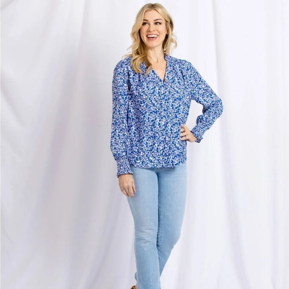 sale COOPER & Ella Blue Ditsy Floral Button Down Pleasant Blouse S - Picture 2 of 10